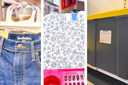 Goodfellow men's jeans, Room Essentials bath mat, and Brightroom storage