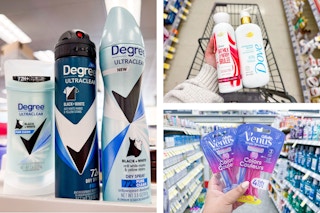 collage image of degree deodorant, dove body wash, and venus razors