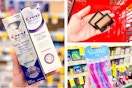 collage image of crest premium toothpaste, maybelline eyeshadow, and venus razors