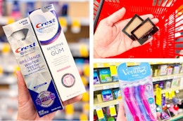 collage image of crest premium toothpaste, maybelline eyeshadow, and venus razors