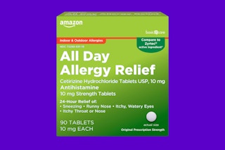 A box of Amazon Basics Allergy Relief, which contains the same medicine in the brand name Zyrtec