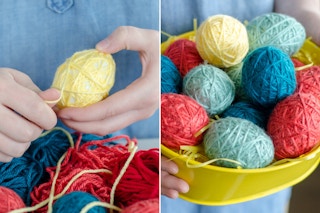 Wrap plastic Easter eggs in yarn for colorful decor.