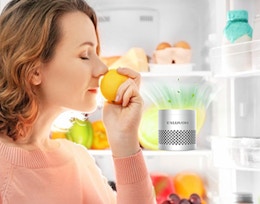 a person smelling a lemon in a fridge next to a deodorizer