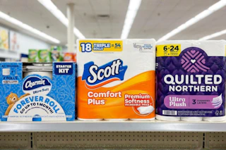 toilet paper packs on a store shelf