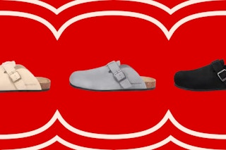 3 colors of mens clog sandals on a red background