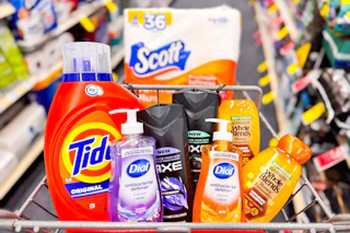 scott toilet paper, tide detergent, axe body wash, garner whole blends shampoo, and dial soap in a cart