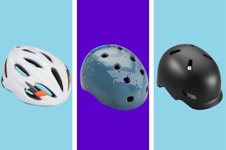 Three Schwinn bicycle helmets on aqua and purple backgrounds