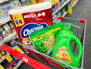 one Gain laundry detergent, one Gain Flings, and one Charmin Toilet paper pack in shopping cart