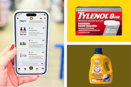 collage with a phone displaying 1-clip coupons, arm & hammer, and tylenol