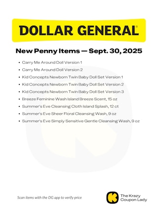 Graphic with Dollar General Penny List for Sept 30 2025
