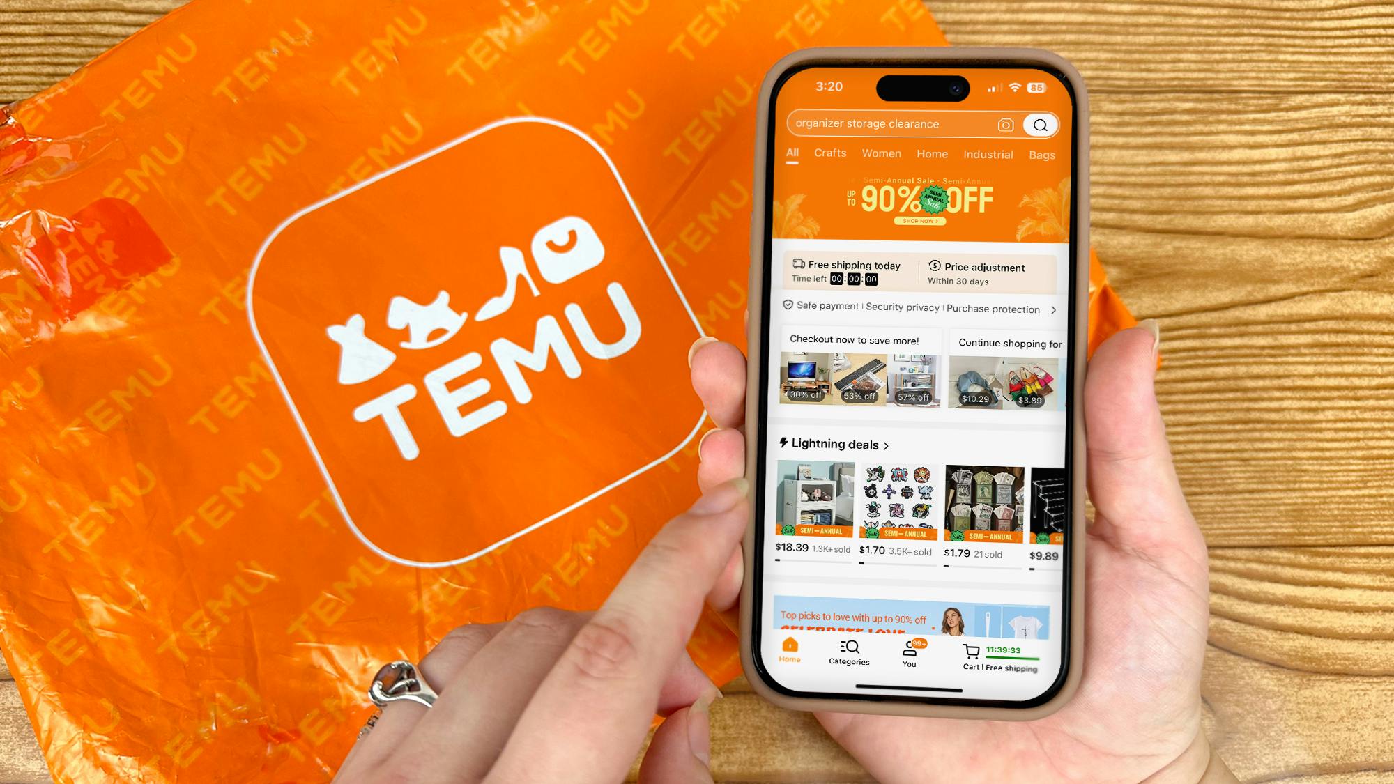 Person using Temu app on smartphone