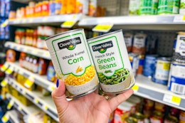 hand holding up two cans of clover valley canned vegetables