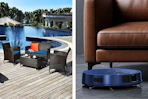 Patio furniture set and robot vacuum under couch