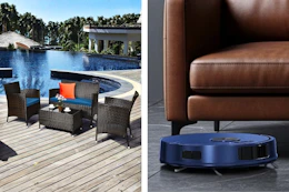 Patio furniture set and robot vacuum under couch