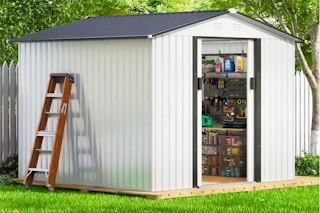 Lifestyle image of JAXPETY Shed set up in backyard