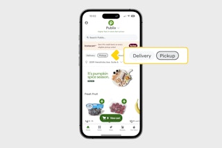 a phone showing the home page in the Publix Delivery app and how to switch the preference to Pickup