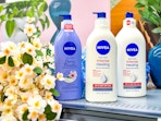 Nivea products next to floral arrangements in Walmart store