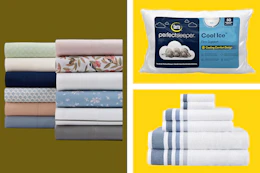 pillows, bedding, and towels in a collage