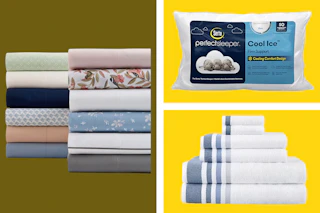 pillows, bedding, and towels in a collage