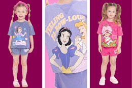 Three toddler graphic outfit sets: Ms. Rachel, Disney Princess & Strawberry Shortcake