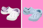 two pairs of crocs side by side