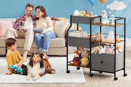 Parents sit on a beige couch with a book, a boy sits with a dog on the rug, a 3-tier organizer cart is off to the side.