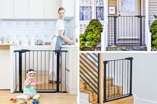 Three lifestyle images of a baby safety gate being used in multiple settings (home and outdoors)