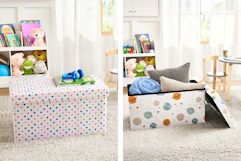2 lifestyle images of kids storage chests in bedroom settings