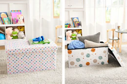 2 lifestyle images of kids storage chests in bedroom settings
