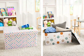 2 lifestyle images of kids storage chests in bedroom settings