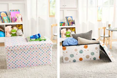 2 lifestyle images of kids storage chests in bedroom settings