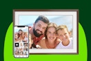 A 10.1-inch Wi-Fi photo picture frame with a smiling family in the picture. A smartphone holding the photos is next to it.