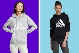 Two models wearing the women's Adidas logo hoodies in grey and black on a purple and blue collage background.