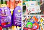 collage image of ogx shampoo, huggies wipes, and tide and gain detergent 