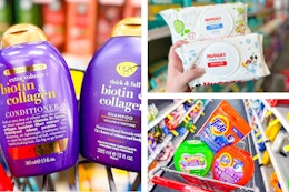 collage image of ogx shampoo, huggies wipes, and tide and gain detergent 