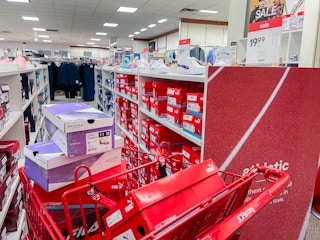 jcpenney cart with shoe boxes inside