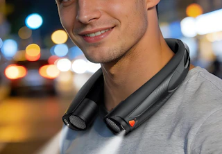 a person wearing a neck fan