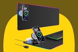 GIM RGB Gaming Mouse Pad Wireless Charging Desk on a yellow background.