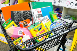 school supplies in an office depot shopping cart
