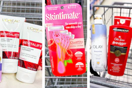 collage image of loreal cleanser, skintimate razors, and olay and old spice body wash