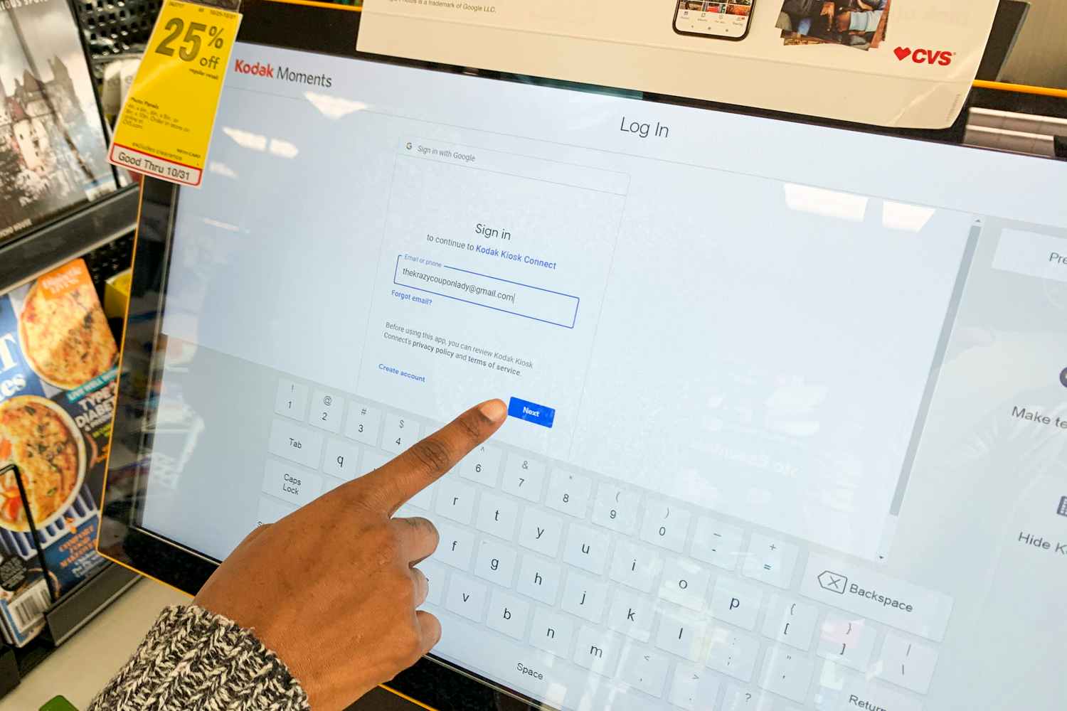 woman putting in her email to sign in to google photos at cvs