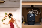 2 lifestyle images of the InSinkErator: 1 image showing what it can dispose and 1 image of it installed under a kitchen sink