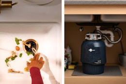 2 lifestyle images of the InSinkErator: 1 image showing what it can dispose and 1 image of it installed under a kitchen sink