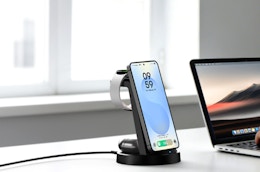 a phone on a wireless charger next to a laptop