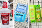 collage image of colgate mouthwash, neutrogena makeup wipes, and garnier shampoo