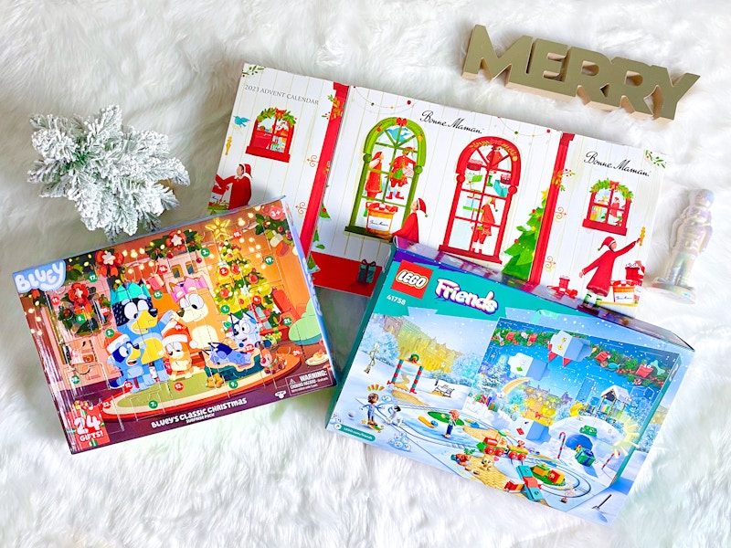 lego friends, bluey, and bonne maman advent calendars