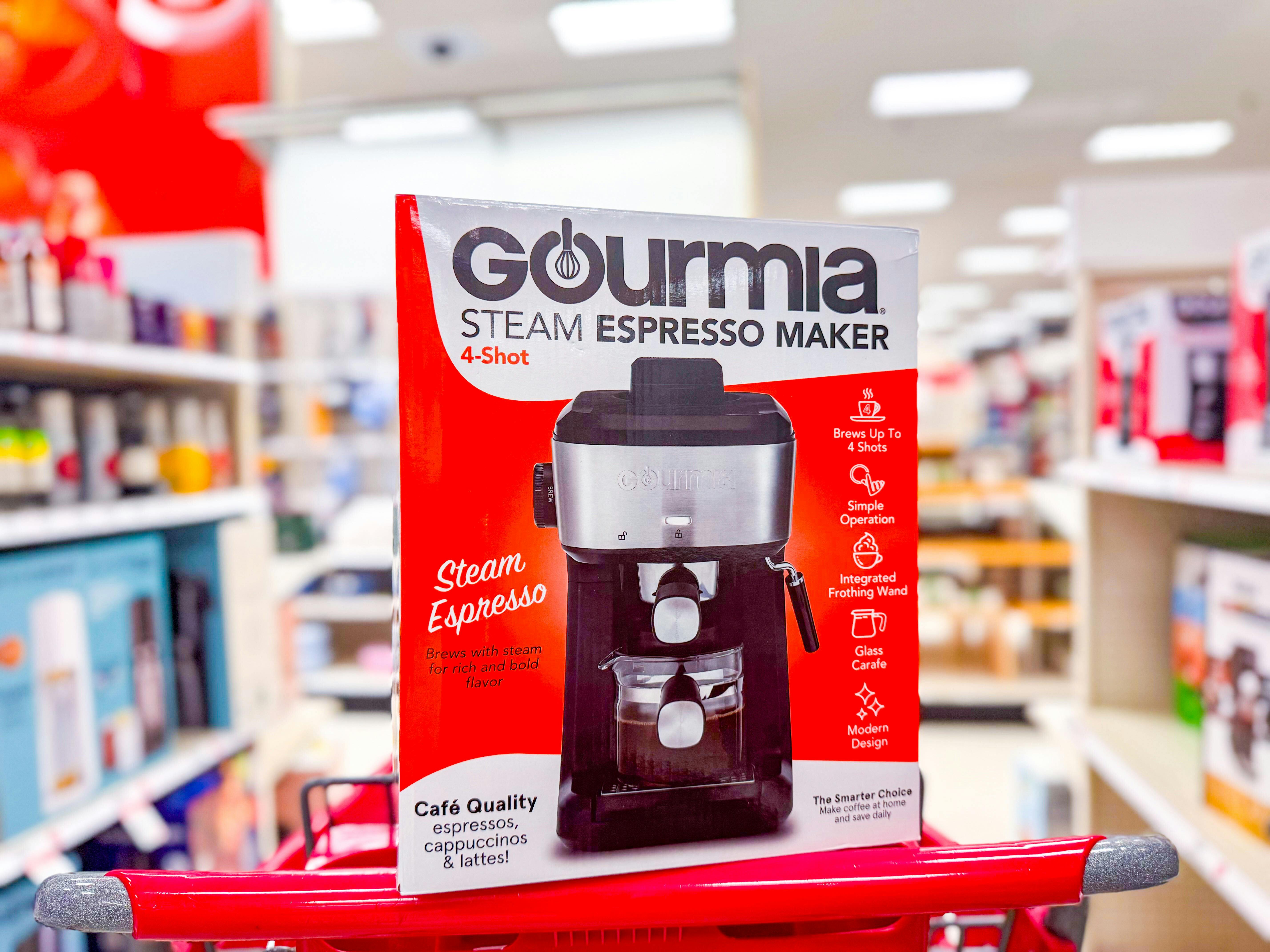 gourmia 4-shot espresso maker sitting on a target cart