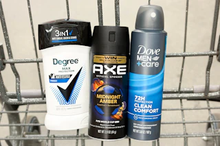 degree, axe and dove deodorant in a shopping cart