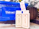 Native body wash and deodorant in front of a Walmart basket