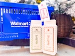 Native body wash and deodorant in front of a Walmart basket